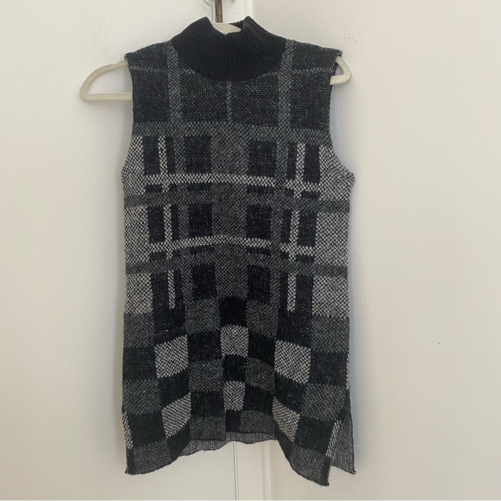 Wool Alpaca Blend Plaid Turtleneck Tunic Top Black Gray Preppy Dark Academia XS
